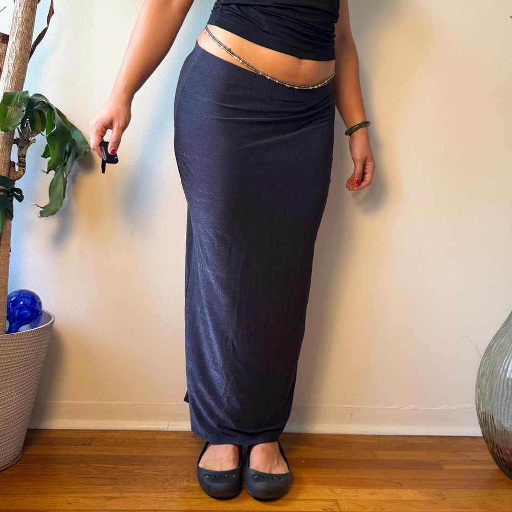 Vintage 90s Whimsygoth Slinky Grey Purple Maxi Skirt Shimmer Slip Style Medium